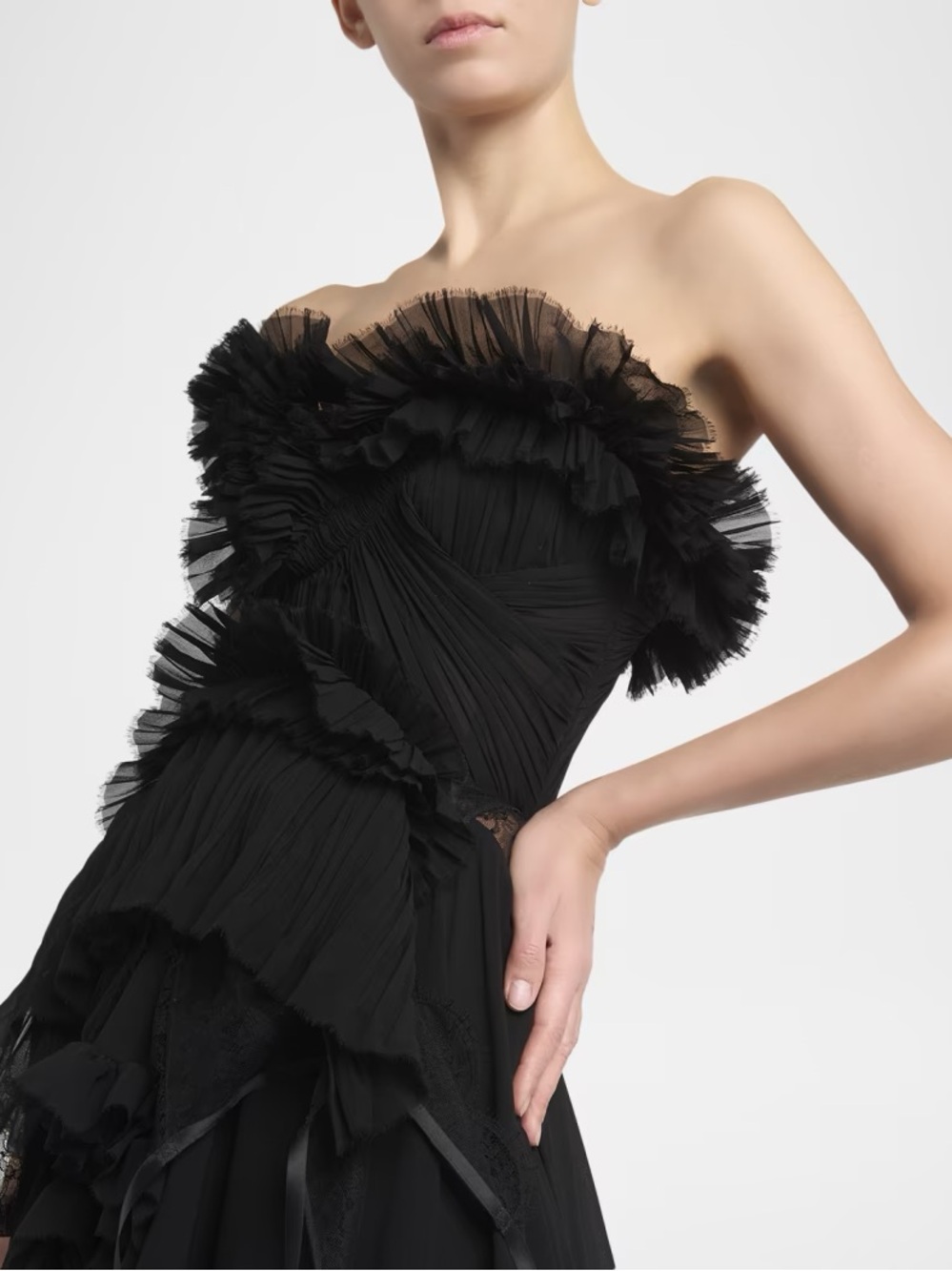 Alexander McQueen Strapless Draped Ruffle Silk Georgette Gown